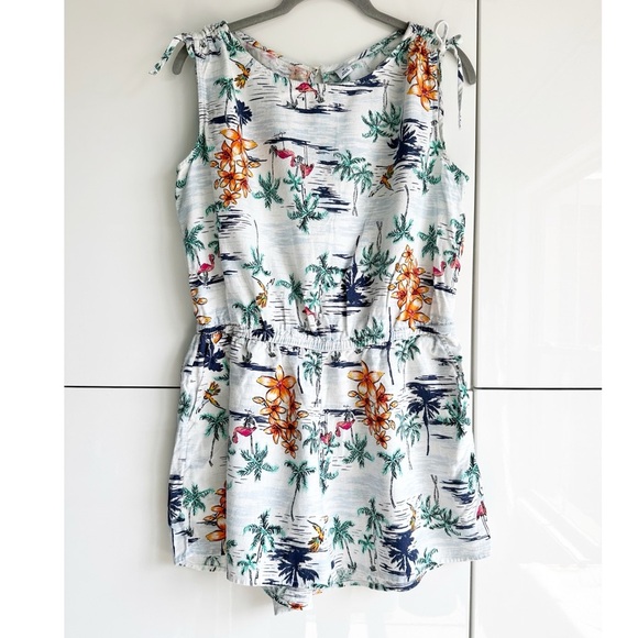 Old Navy Linen Romper Hawaiian Tropical Print Size Medium Palm Trees Flamingos - Picture 1 of 6